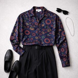 Vintage 1990s Multicolored Abstract Silk Shirt – Men's Size L Colorful Art Print